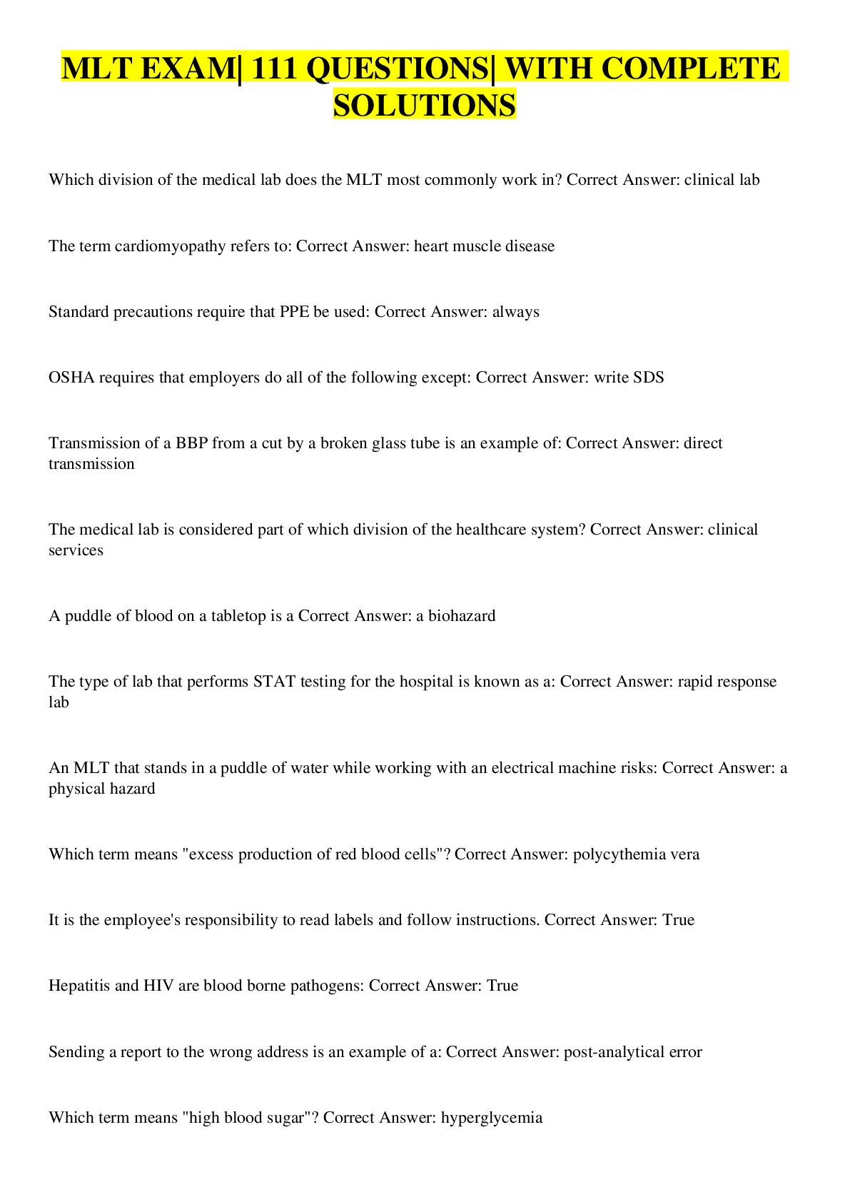 Preview image for MLT EXAM| 111 QUESTIONS| WITH COMPLETE SOLUTIONS